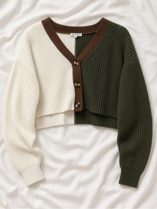Derek Heart Sweaters - Derek Heart Colorblock Cropped Cardigan - White, Olive & Brown Trim